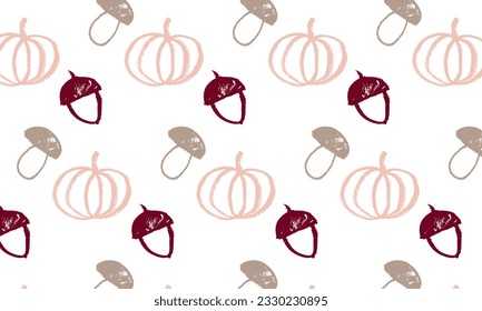 Vector pattern on the theme of autumn. Mushroom, acorn, pumpkin. Seamless, repeating, pattern, doodle, sketch. Beige, red. Wallpaper, background, fabric, wrapping paper, shopping, goods. Eps10