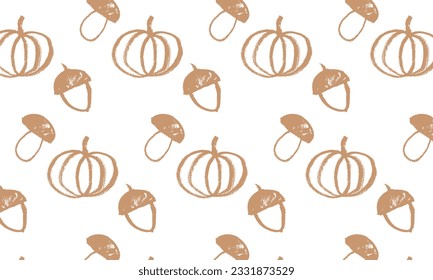 Vector pattern on the theme of autumn. Mushroom, acorn, pumpkin. Seamless, repeating, hand drawn pattern, doodle. Brown on a white background. Wallpaper, fabric, wrapping paper, gift wrapping. Eps10