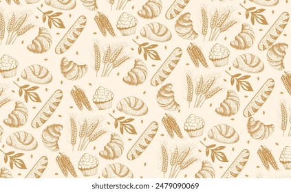 Vector pattern on the theme of baking drawing of bread and bakery products for packaging banner poster baking design, vector drawing design elements