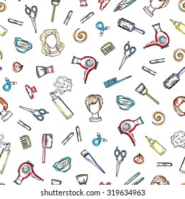 Vector pattern on the theme of barber shop, with hand drawn symbols of hair salon - scissors, combs, hair pins, hair dye. Background for use in design, web site, packing, textile, fabric