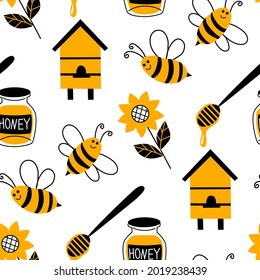 Vector pattern on the theme of beekeeping. Bees, a beehive, a spoon with honey, a glass jar with honey, a sunflower.