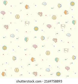 Vector pattern on the theme of brain, memory, mind, light bulb, brainstorming, human brain, psychology, thinking and more. simple color icons on beige background.