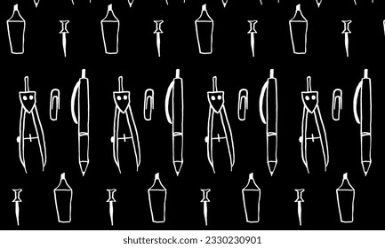 Vector pattern on the theme of education. Stationery, compasses, marker, paper clip, drawing, doodle. White on a black background. Back to school, kids, study, fabric, wrapping paper, clothes. Eps10