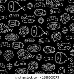 Vector pattern on the theme of food. Background with isolated meat, sausage, chicken, pork, beef on black color. Line art