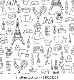 Vector pattern on the theme of France. Pattern with symbols of France on white color -flag, Eiffel tower, croissant,cock, cheese. Background for use in design, web site, packing, textile, fabric