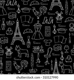 Vector pattern on the theme of France. Pattern with symbols of France on black color - flag, Eiffel tower, croissant,cock, cheese. Background for use in design, web site, packing, textile, fabric