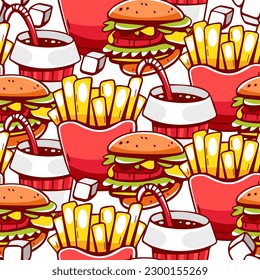 Vector pattern on the theme of french fries, drink and hamburgers in cartoon style.