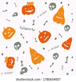 Vector pattern on the theme of Halloween. Pattern for fabric, scrapbooking. Pumpkin, bat, bones, skull. Halloween party