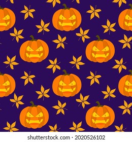 vector pattern on the theme of Halloween. Angry pumpkin with autumn leaves on a dark purple background