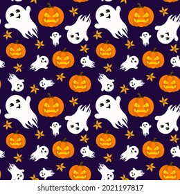 vector pattern on the theme of Halloween. Angry pumpkin with autumn leaves and ghosts on a dark purple background