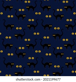 patrón vectorial en el tema de Halloween. Gatos negros con espaldas arqueadas y ojos ardientes en un fondo azul oscuro