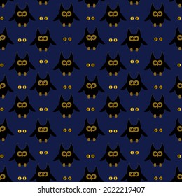 vector pattern on the theme of Halloween. Black owls with burning eyes on a dark blue background