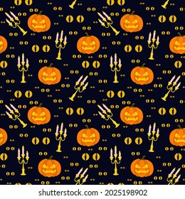 vector pattern on the theme of Halloween with pumpkins, candelabra and glowing eyes in the dark on a dark background