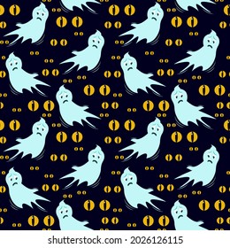 vector pattern on the theme of Halloween with ghosts and glowing eyes in the dark on a dark background