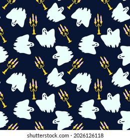 Vector Pattern On The Theme Of Halloween With Candelabra And Ghosts On A Dark Background