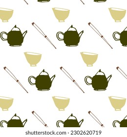 Vector pattern on the theme of the Japanese tea ceremony. Green and yellow teapots and cups on a white background. Doodle, sketch, hand drawing. Wallpaper, packaging, fabric, background image. Eps10