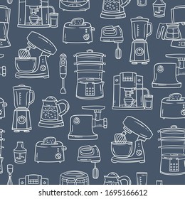 Vector pattern on the theme of kitchen appliances and electronics. Background with сooking technique on gray color. Line art