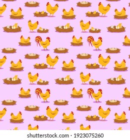 vector pattern on the theme of poultry on the farm. The birth of chickens from the appearance of eggs to hatching from them. Illustration for children's textiles and happy Easter