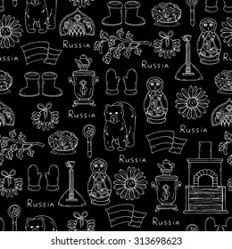 Vector pattern on the theme of Russia. Pattern with symbols of Russia on black - flag, doll, samovar, balalaika, felt boots. Background for use in design, web site, packing, textile, fabric