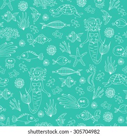 Vector pattern on the theme of sea with fish and mermaids on green background. Pattern with marine flora and fauna, underwater world. Background for use in design, web site, packing, textile, fabric