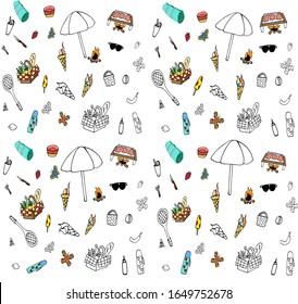 Vector pattern on the theme of summer holidays. Summer set of doodles for a picnic. Various dishes, drinks, items, sports events. Isolated on a white background