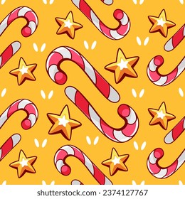 Vector pattern on the theme of winter and Christmas with candy canes and stars in a cute cartoon style.