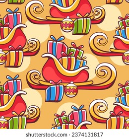 Vector pattern on the theme of winter and Christmas with sleigh and gifts in a cute cartoon style.
