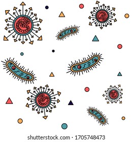 Vector pattern on a transparent background. Stay at home, heart, drops, medicine, quarantine, virus, bacteria. You can use it for postcards and on fabric as well as for the background or icon.