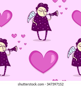 Vector pattern on Valentines day with angel and hearts on light pink background. Seamless pattern can be used for wallpaper, pattern fills, web page background,surface textures.