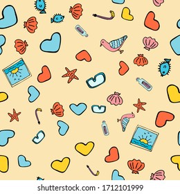 Vector pattern on which there is a seagull, mask and snorkel, picture with the sun, starfish and shells. Doodle style for design magazines and travel and leisure sites. Front stickers.