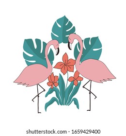 Vector pattern on a white background with the image of pink flamingos, tropical leaves and flowers. For the design of wallpapers, covers, prints on clothing, textiles.