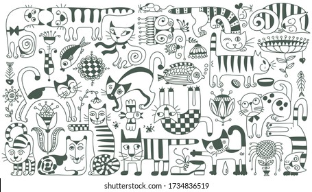 Vector pattern on a white background. Funny doodle cats. Each element can be used separately.
