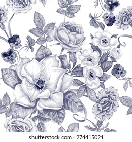 Vector pattern on white background. Seamless natural texture with blossom garden flowers peonies, roses, pansies, magnolia, carnations. Hand drawn. Black and white. Vintage. Victorian style.