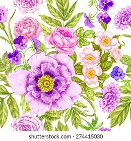 Vector pattern on white background. Seamless natural texture with blossom garden flowers peonies, roses, pansies, carnations. Hand drawn. Vintage. Victorian style.