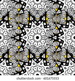 Vector pattern on yellow background with white elements. Damask pattern for design.