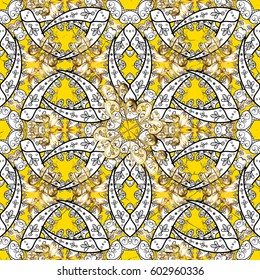 Vector pattern on yellow background with white elements. Damask pattern for design.