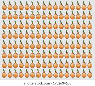 Vector pattern of onions arranged uniformly. Beautifully drawn scalable vector texture with a light grey background.