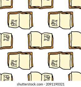 Vector pattern from an open book with yellow pages seamless pattern made from a notebook in the style of doodles, open in the middle with white pages and an orange cover, geometrically arranged