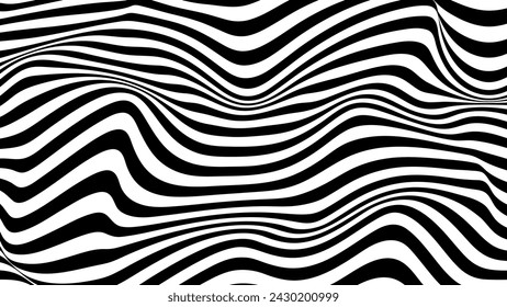 Vector pattern of optical illusion. Moving wave with black and white lines. Op art. Abstract distorted texture. Striped background. Psychedelic illustration.