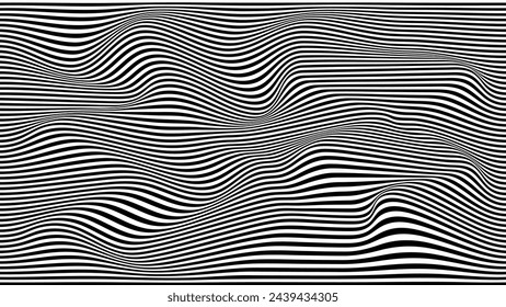 Vector pattern of optical illusion. Moving wave with black and white lines. Op art. Abstract distorted texture. Striped background. Psychedelic illustration.