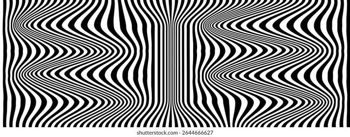 Vector pattern of optical illusion. Moving wave with black and white lines. Op art. Abstract distorted texture. Striped background. Psychedelic illustration.
