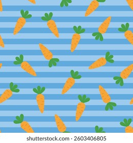 Vector pattern with orange carrots on a blue striped background