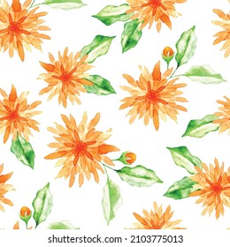 Vector pattern with orange dahlia flowers, leaves and buds drawn in watercolors on white background