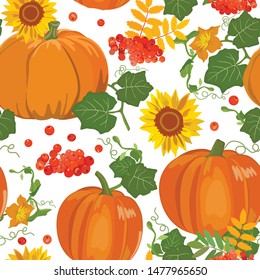 Vector pattern with orange pumpkins, leaves, clusters of mountain ash and bright sunflowers on white background. Harvesting. Suitable as a background for wallpaper, wrapping paper, textiles and handma