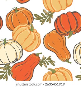 Vector pattern with orange and yellow pumpkins in flat style. Autumn seamless background for textile. Illustration for seasonal autumn holidays, Halloween, Thanksgiving, harvest.
