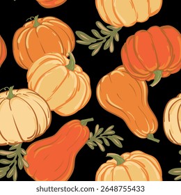 Vector pattern with orange and yellow pumpkins in flat style on black background. Autumn seamless background for textile. Illustration for seasonal autumn holidays, Halloween, Thanksgiving, harvest.