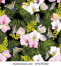 Vector pattern with orchids on a black background.Orchids, leaves and butterflies on a black background in a color pattern.