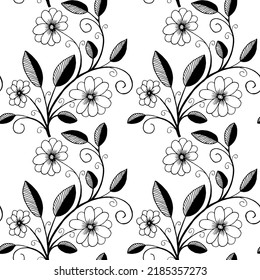 Vector pattern ornament of flowers with leaves and swirls. For print and web.