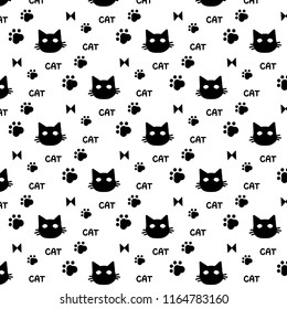 Vector Pattern ornament for pet store and black cat bows behind paw   an inscription cat white background