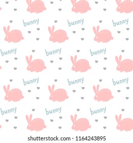 Vector pattern of ornament pattern with pink rabbit hare and blue letters and gray heart font pet protection animal on white background
